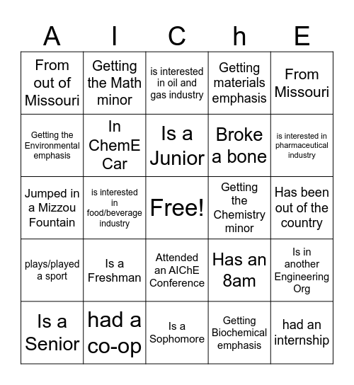 AIChE Bingo! Bingo Card