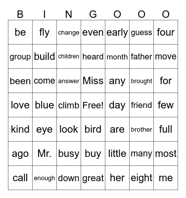 SIPPS Sight Word Bingo Card