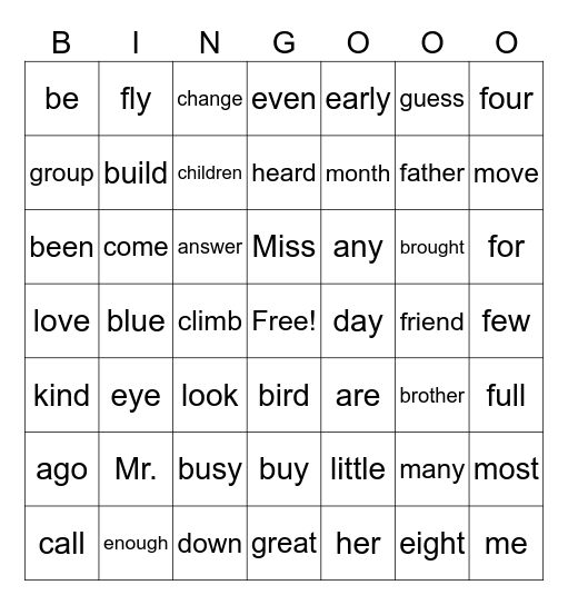 SIPPS Sight Word Bingo Card