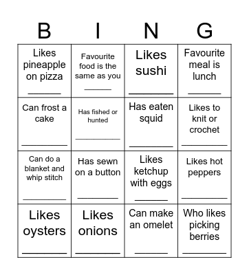 Get to Know You Bingo (Foods and Textiles) Bingo Card