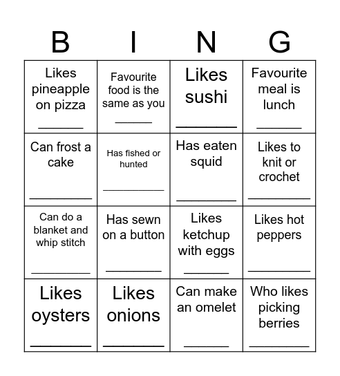 Get to Know You Bingo (Foods and Textiles) Bingo Card