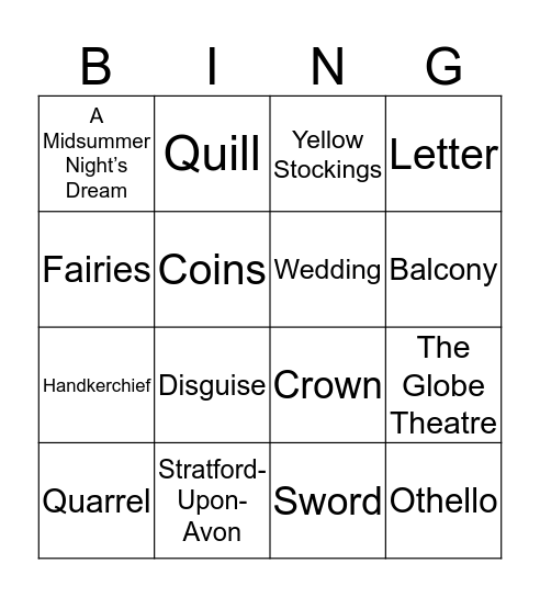 Shakespeare  Bingo Card
