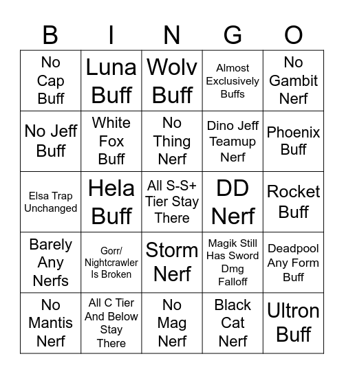 Season 10 Balance Predictions Bingo Card