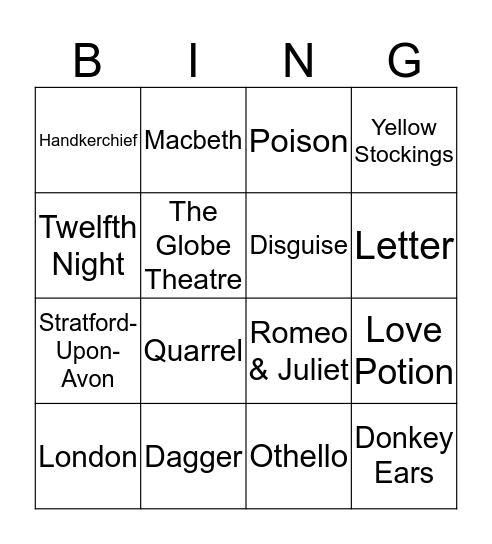 Shakespeare  Bingo Card