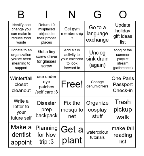 september sidequests Bingo Card