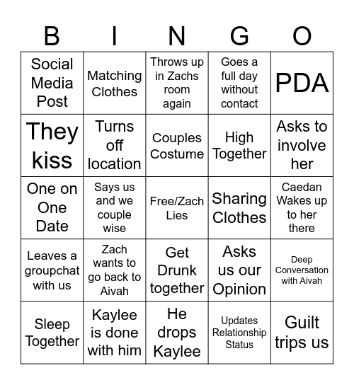 Zach + Kaylee Bingo Card