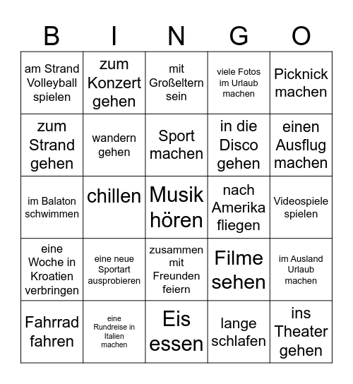 Sommerferien Bingo Card