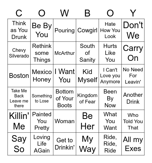 Hot Right Now Country Bingo Card