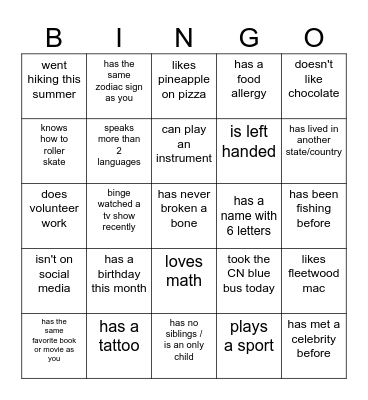 Find Someone Who.... Bingo Card