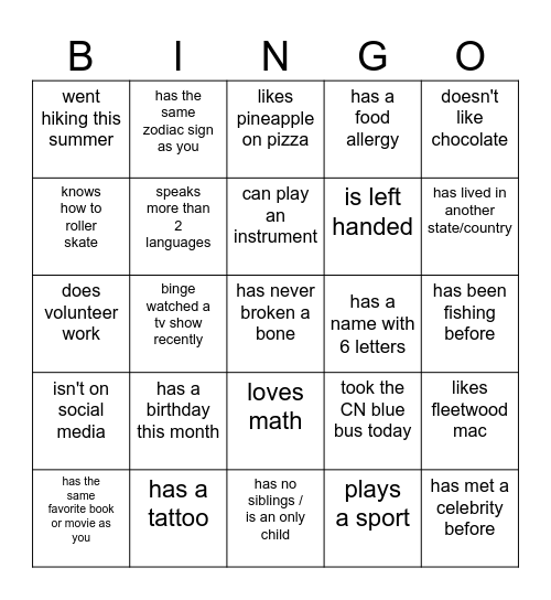 Find Someone Who.... Bingo Card