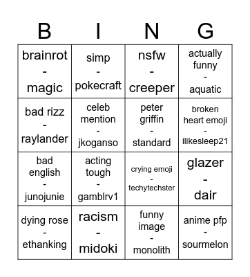hide and seek Bingo Card