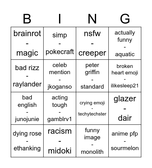 hide and seek Bingo Card