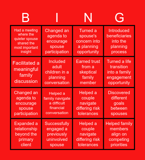 Spousal engagement BINGO Card