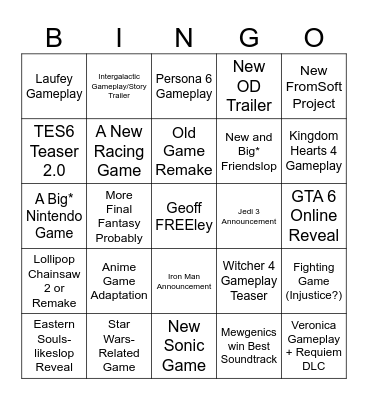 TGA 26’ Prediction Bingo Card