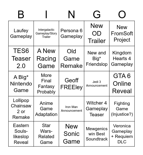 TGA 26’ Prediction Bingo Card