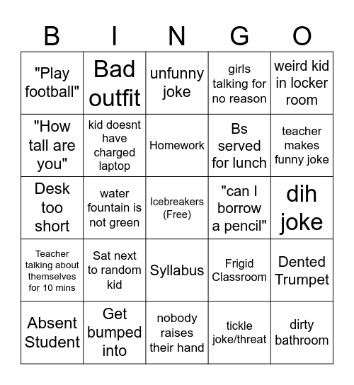 First Week of School Bingo Card