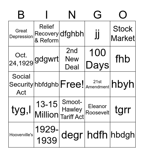 Great Depression Bingo Card