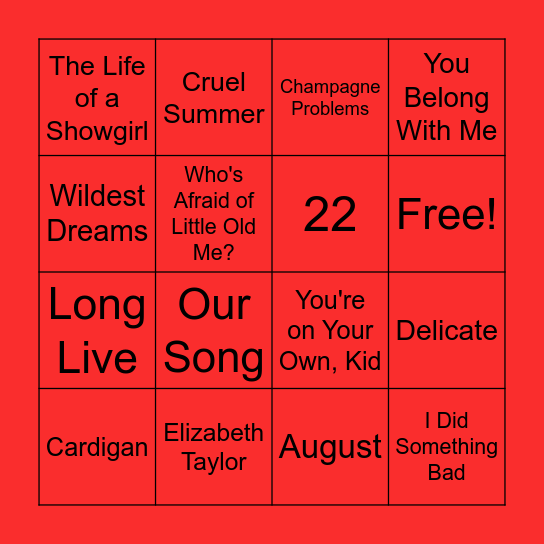 Taylor Swift Bingo Card