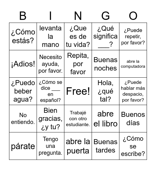 Commands 1 - 4 Bingo Card