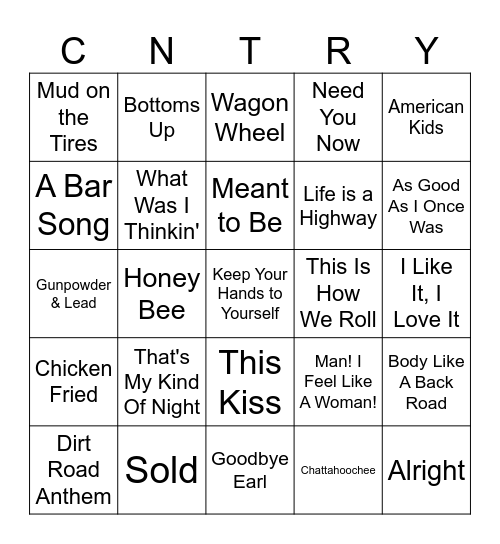 Country Pop Bingo Card