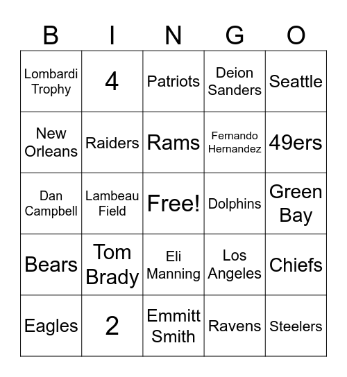 NFL Bingo Card