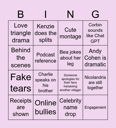 Love Island Reunion Bingo Card