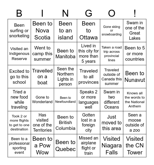 NP Canadian Geography Ice breaker Bingo Card