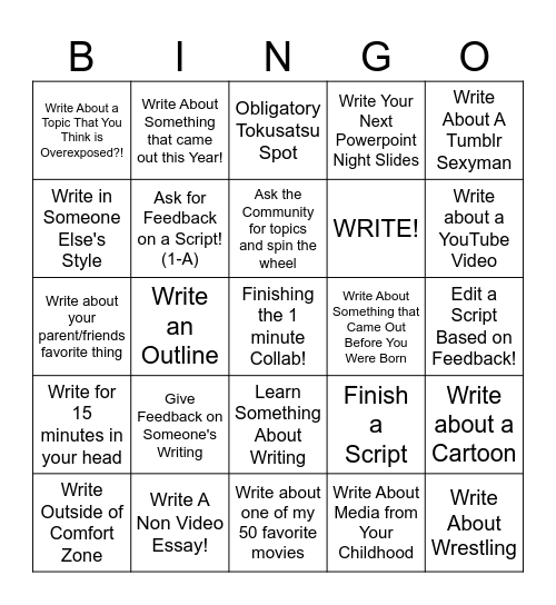 Scriptember Bingo Cards Bingo Card