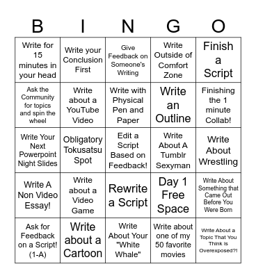 Scriptember Bingo Cards Bingo Card