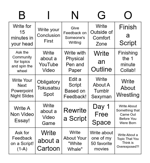 Scriptember Bingo Cards Bingo Card