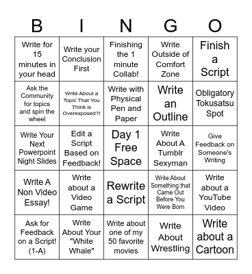 Scriptember Bingo Cards Bingo Card