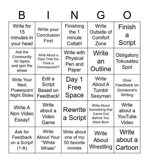 Scriptember Bingo Cards Bingo Card