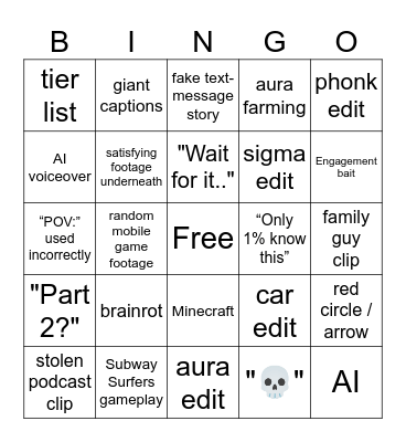 YouTube Shorts Bingo Card