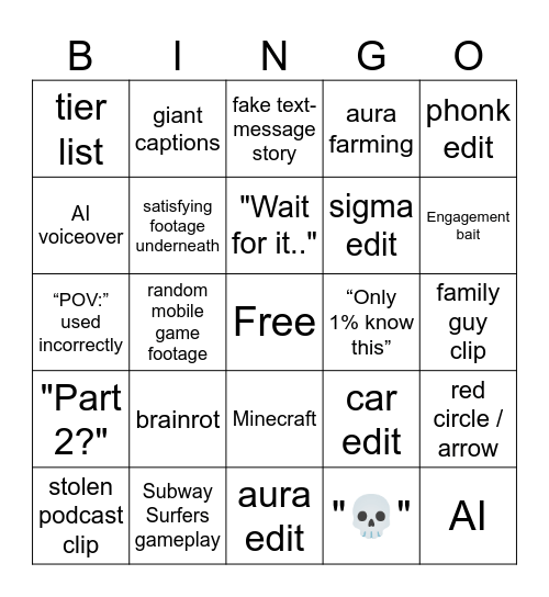YouTube Shorts Bingo Card