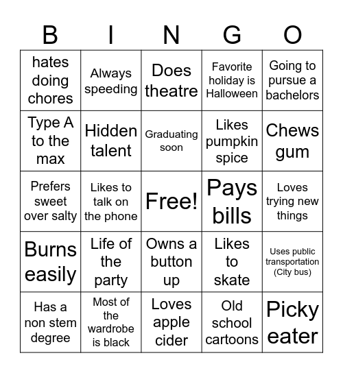 BSU Meet and Greet Bingo Card