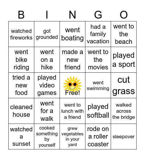 What Did You Do This Summer Bingo Card