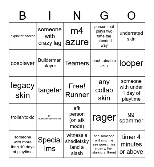 Forsaken Bingo Card