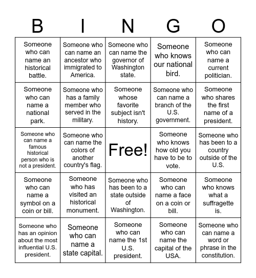 8th History Bingo Card