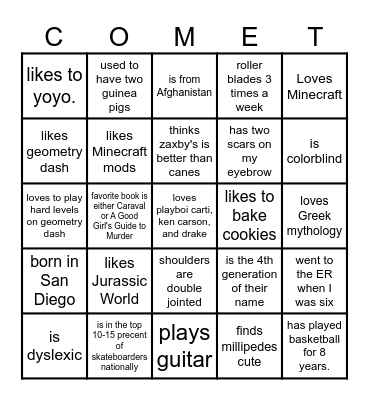 Comets Fun Fact Bingo Card