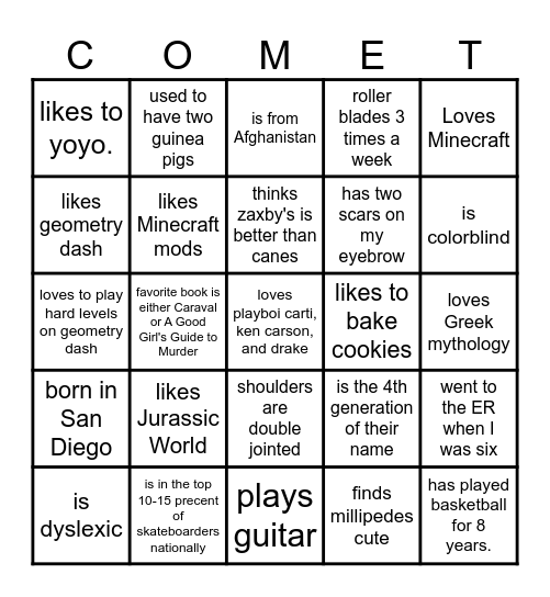 Comets Fun Fact Bingo Card