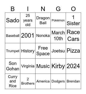 Brendan Bingo Card