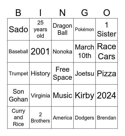Brendan Bingo Card