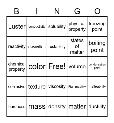 Chemical and Physical Properties Bingo Card