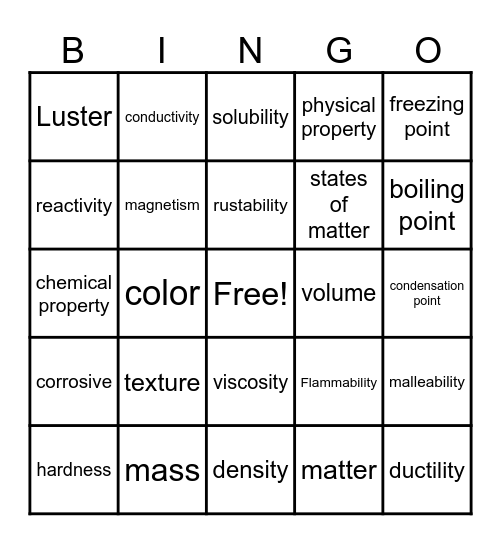 Chemical and Physical Properties Bingo Card