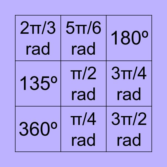 Graus e Radianos Bingo Card