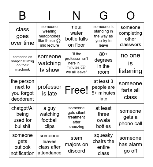 Millersville Class Bingo Card