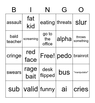 school crash outs Bingo Card