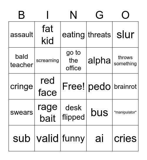 school crash outs Bingo Card
