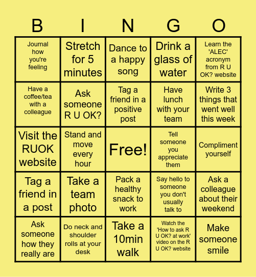 R U OK? Day Bingo Card