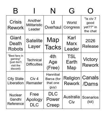 Civ 7 Announcement Bingo Card